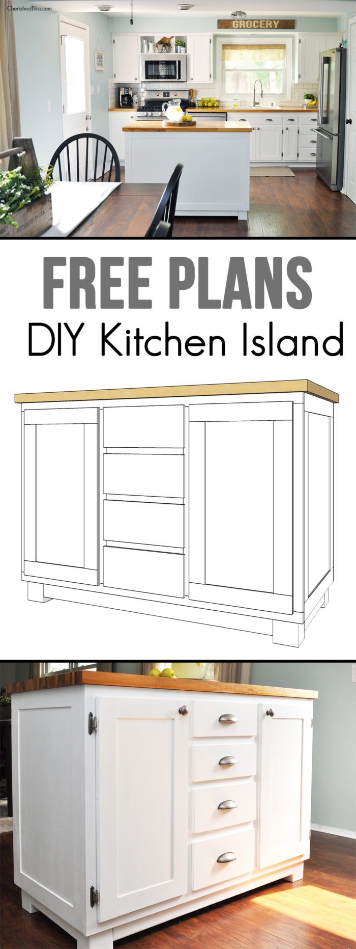 Get the kitchen you've always dreamed of by building this DIY Kitchen Island. It's easy to create and provides great storage! Get the free plans at cherishedbliss.com