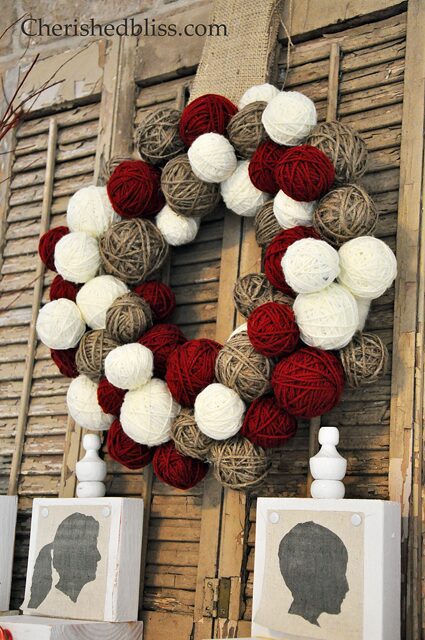 cheap way to make a yarn ball wreath via cherishedbliss.com