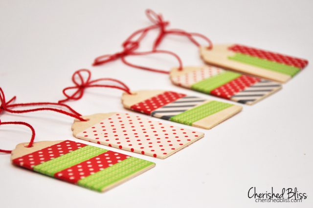 Washi Tape Ornaments made with wooden tags via cherishedbliss.com #christmas #ornaments #washitape