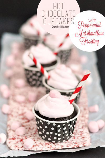 These yummy Hot Chocolate Cupcakes with a Peppermint Marshmallow Frosting are the perfect dessert for your holiday parties!