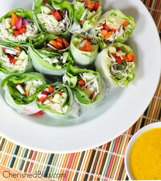 These fresh spring rolls are a wonderful, healthy lunch or dinner option. To top it off there is a yummy spicy carrot ginger sauce to compliment all this goodness.