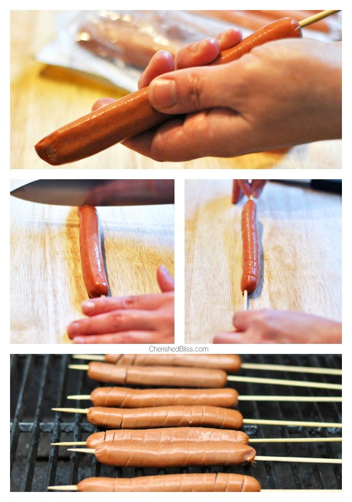 These grilled spiral cut hot dogs are a fun way to present the original hot dog and dress up your traditional cook out menu. 