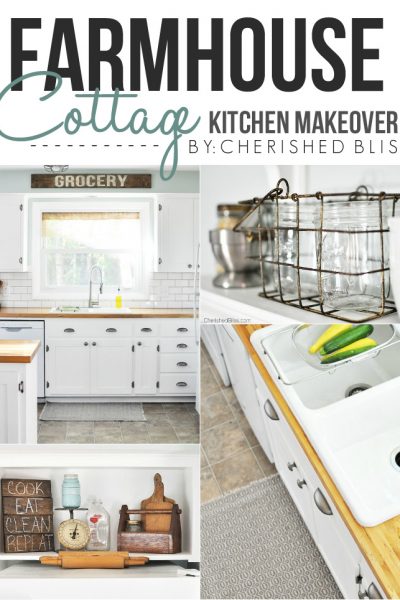 Love this beautiful Farmhouse Cottage Kitchen. Shaker style cabinets, butcher block counter tops, and cast iron sink. All done on a budget!