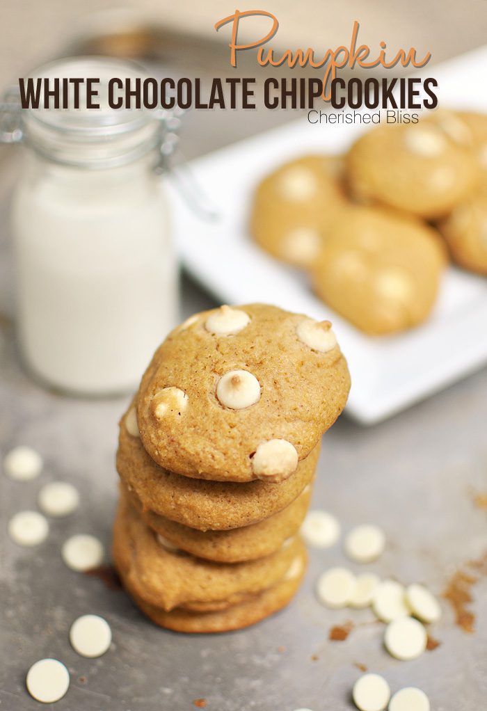 These delicious Pumpkin White Chocolate Chip Cookies taste like a pumpkin pie and a cookie crashed into each other! DELICIOUS! 