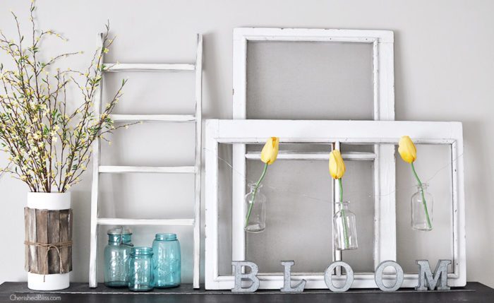 Love this Simple Cottage Farmhouse Spring Mantel from CherishedBliss.com