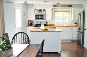 This industrial farmhouse kitchen is both functional and inviting. Stainless steel appliances bring a professional industrial look while adding softer elements provides the comfort of a farmhouse.