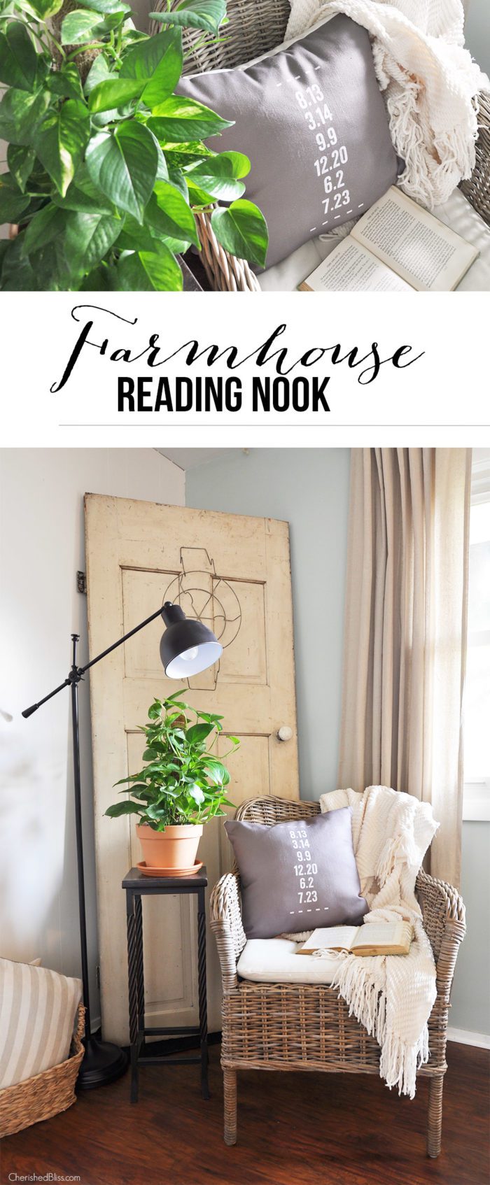 This Farmhouse Reading Nook is the perfect place to catch up your newest read or sip a cup of freshly brewed coffee. 