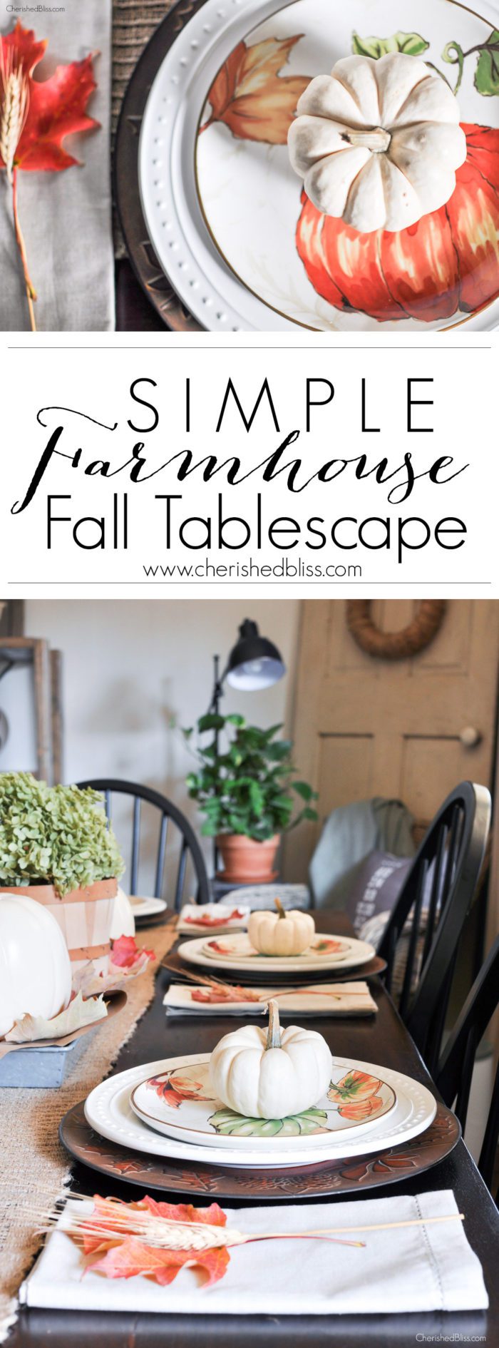A simple Farmhouse Fall Tablescape with a hydrangea and pumpkin centerpiece, burlap table runner, and fall leaves to accent the simple place settings. 