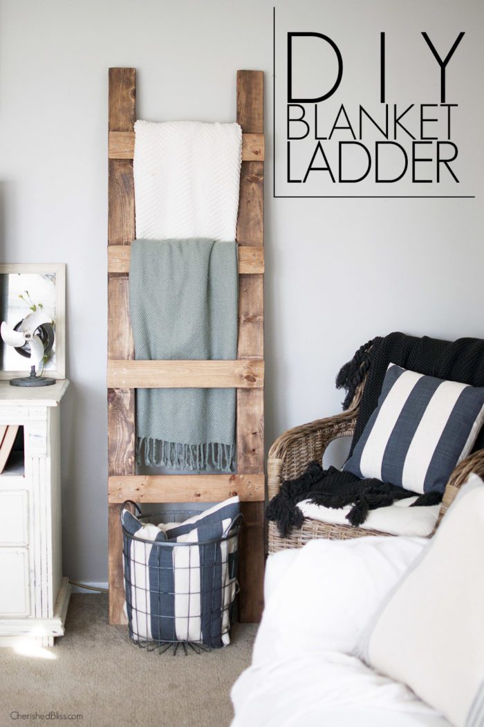 Learn how to make a DIY Blanket Ladder. With this simple tutorial and only 3 basic tools you can save space while neatly storing your blankets. 