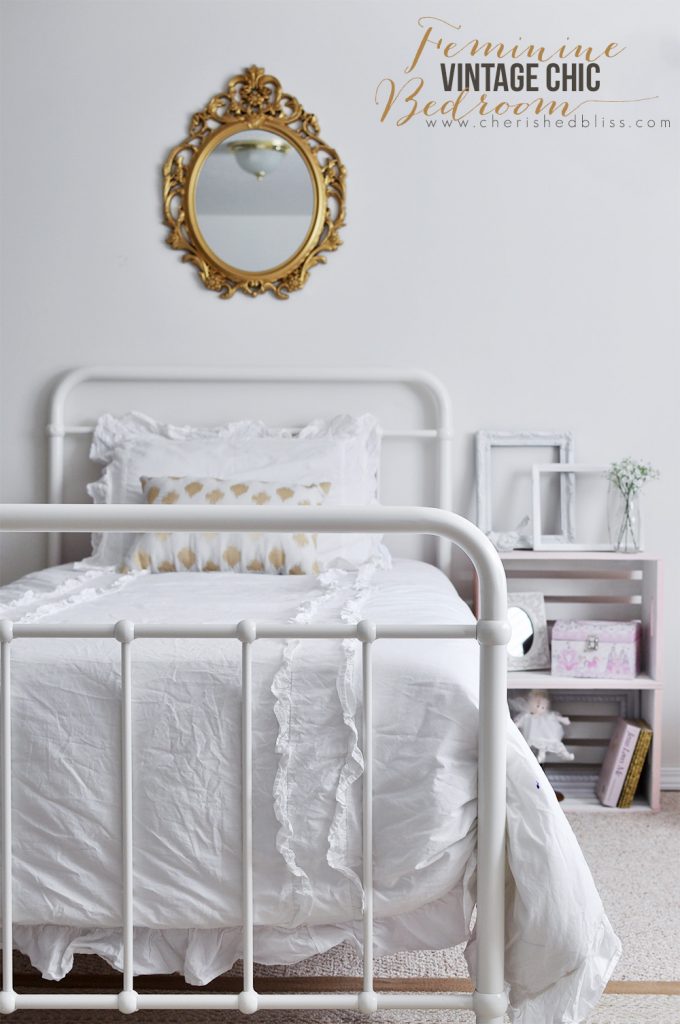 This gorgeous white Feminine Vintage Chic Bedroom is perfect for any little girl who wants to feel like a big girl with touches of pink and gold. 