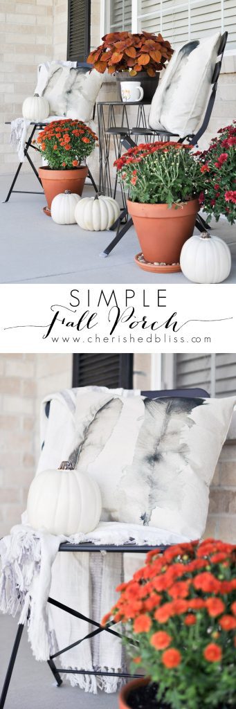 Create a Simple Fall Porch with a few flowers and white pumpkins. The perfect way to enjoy the season! 