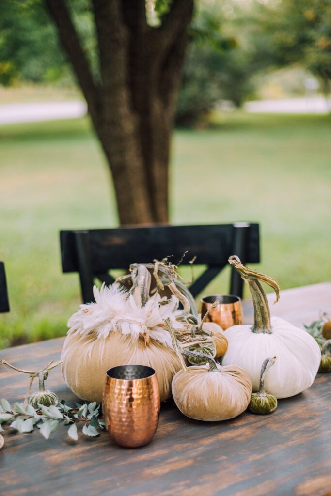 Create a cozy and beautiful outdoor fall tablescape with warm textures using these velvet pumpkins, the perfect addition to your fall decor! 