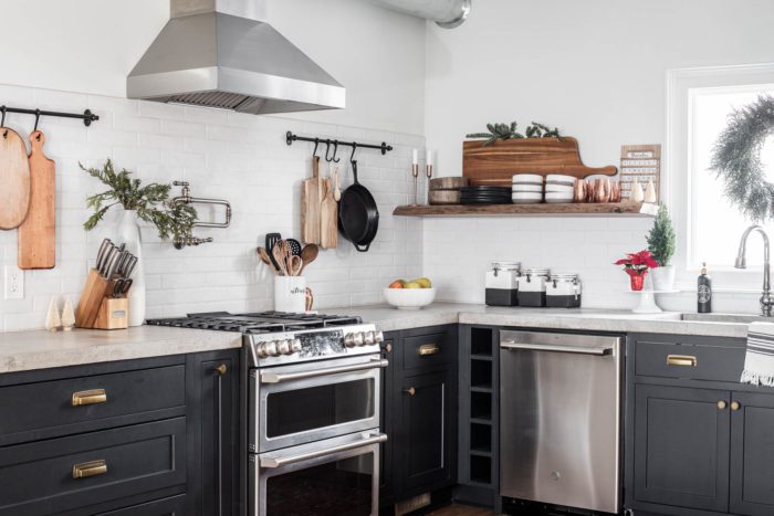 Black Kitchen Cabinets with Modern Rustic Christmas Decor. 