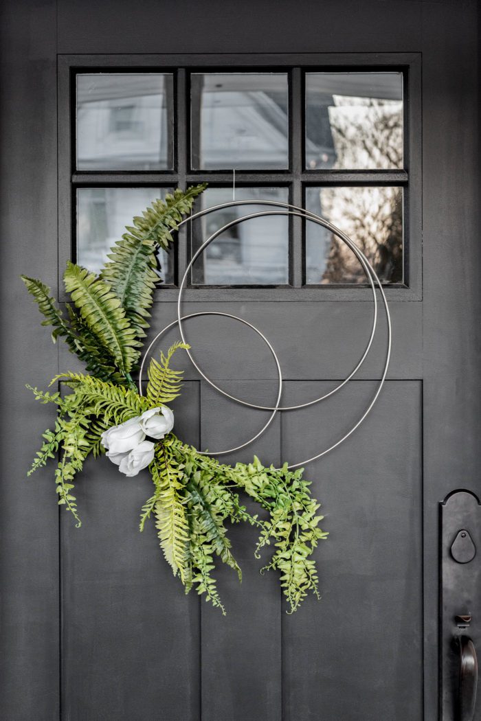 DIY Spring Hoop Wreath on Black Door