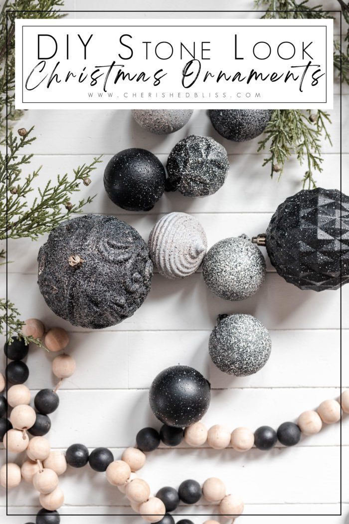 Get the tutorial to make these Easy DIY Stone Christmas Ornaments using old ornaments for a refreshed modern neutral look! #CherishedBliss #ChristmasOrnament