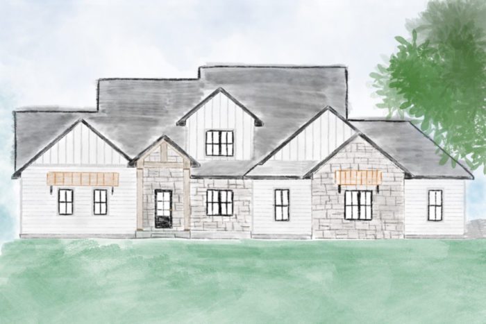 Watercolor rendering of a modern rustic home with white siding, black trim, and black windows. 