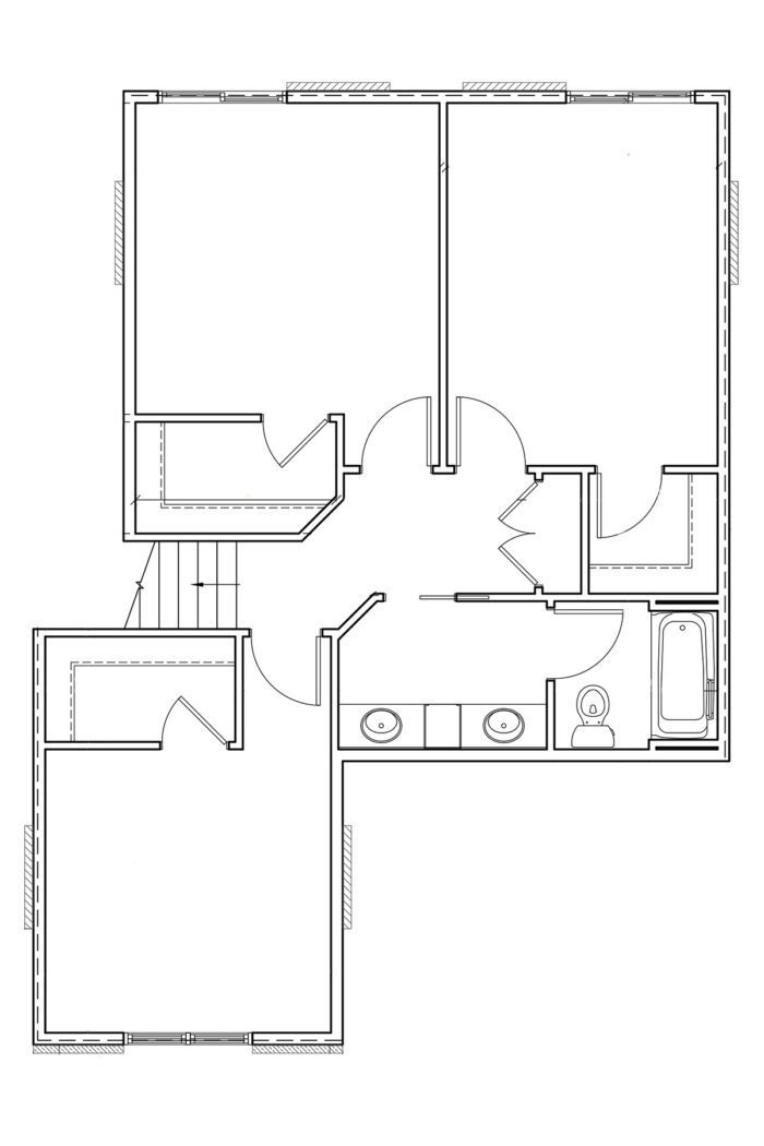 Upstairs floor plan layout with kids bedrooms and bathroom. 