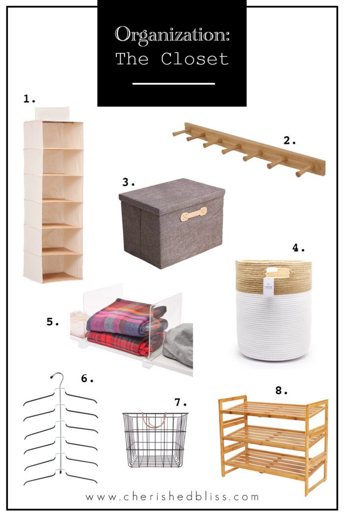 Items used for closet organization such as storage bins, coat hooks, and shelf accessories.