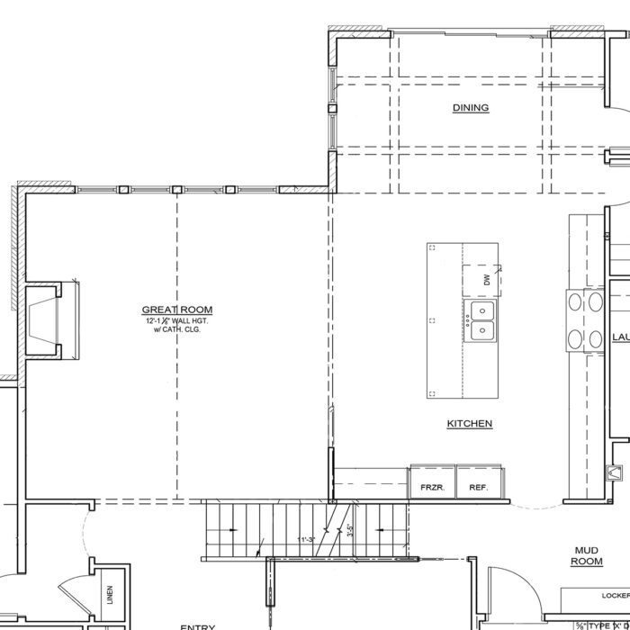 Living room, kitchen, and dining room layout.