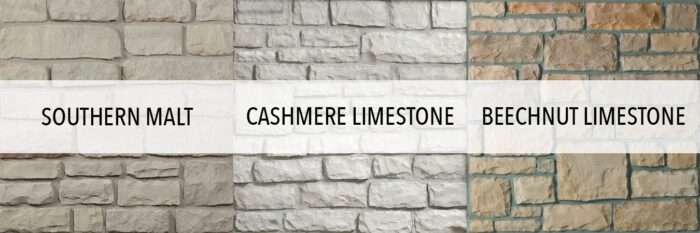 3 different stone stamples from Glen-Gery: Southern Malt, Cashmere Limestone, Beechnut Limestone. 